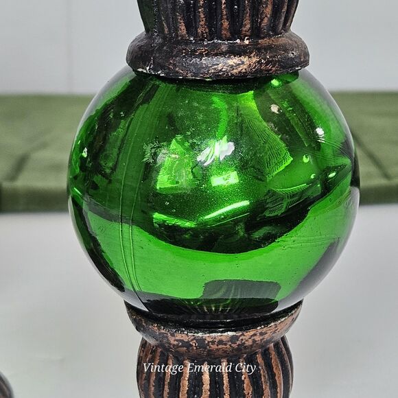 Vtg Rare Metallic Green Chunky Candlestick Candle Holder Set of 2 Festive Decor - Picture 9 of 12